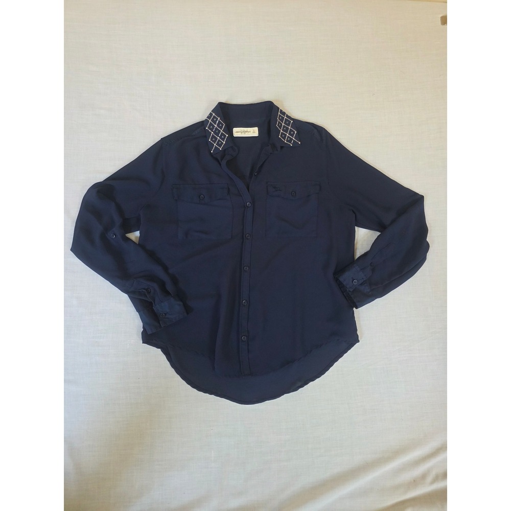 Abercrombie & Fitch Studded Collar Button Down Shirt Small Navy Dark Academia